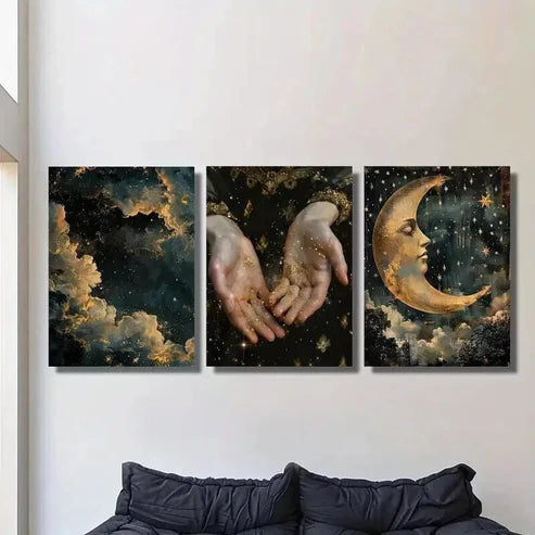 3pcs Abstract Magic Shine in Hand Stars Moon Wall Art Set Canvas Unframed - High Quality Print 100% Australian Made Wall Canvas - Bella Home Decor