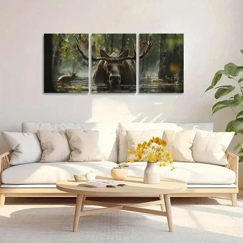 3pcs Moose in the Sunlit Lush Greenery Woods Art Set Canvas Unframed - High Quality Print 100% Australian Made Wall Canvas