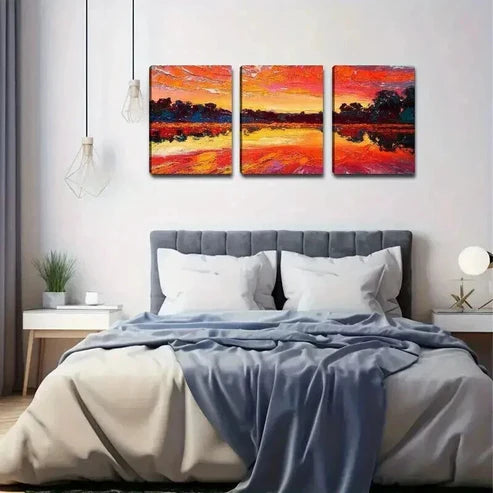 3pcs Colorful Sunset with Lake Reflection Wall Art Canvas Unframed - High Quality Print 100% Australian Made Wall Canvas - Bella Home Decor