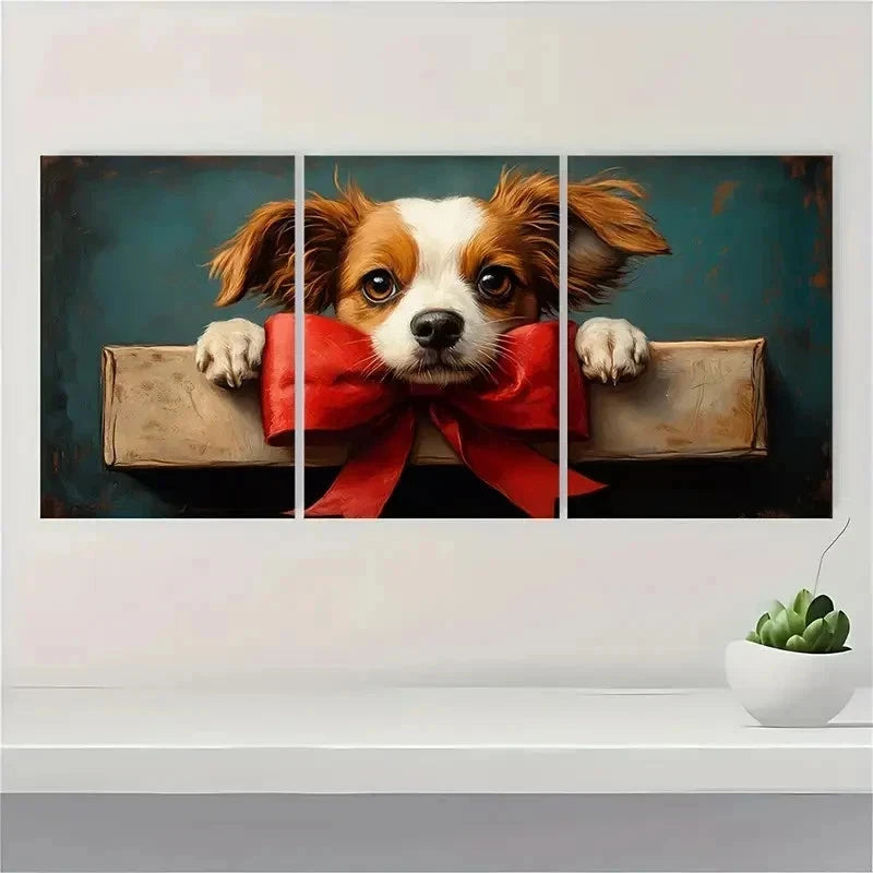 3pcs The Big Red Bow Fine Art Print Dog QR Wall Art Set Canvas Framed 50x70cm - High Quality Print 100% Australian Made Wall Canvas Ready to Hang