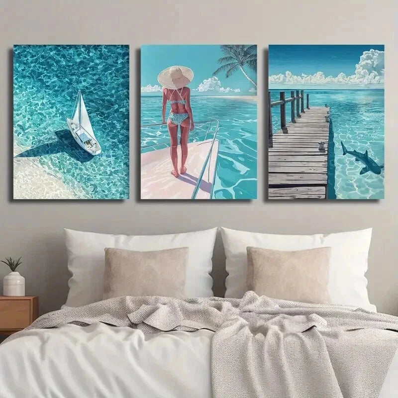 3pcs Beach & Serene Ocean Scene with Sailboat Wall Art Set Canvas Framed 60x90cm - High Quality Print 100% Australian Made Wall Canvas Ready to Hang