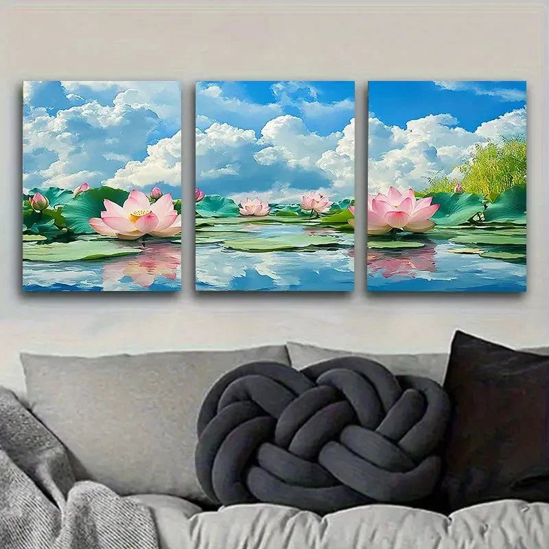 3pcs Lotus Pond Summer Scenery Wall Art Set Canvas Framed 50x70cm - High Quality Print 100% Australian Made Wall Canvas Ready to Hang
