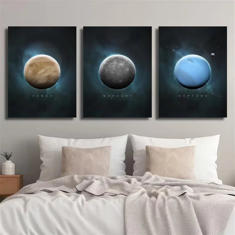3pcs Depicting The Solar System Metal Print Ready to Hang Art