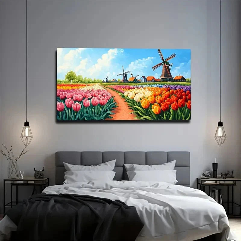 Vibrant Tulips & Dutch Windmill Wall Art Canvas Office Home Room Framed 120x60cm