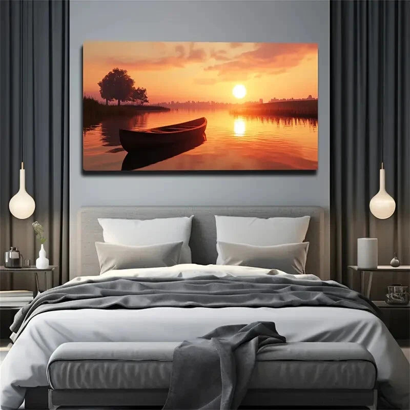Serene Sunset Boat Scene Grass Wall Art Canvas Office Home Room Framed 120x60cm - Bella Home Decor