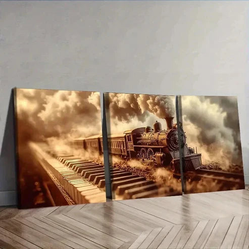 3pcs Steam Train on an Old Piano Wall Art Canvas Unframed - High Quality Print 100% Australian Made Wall Canvas