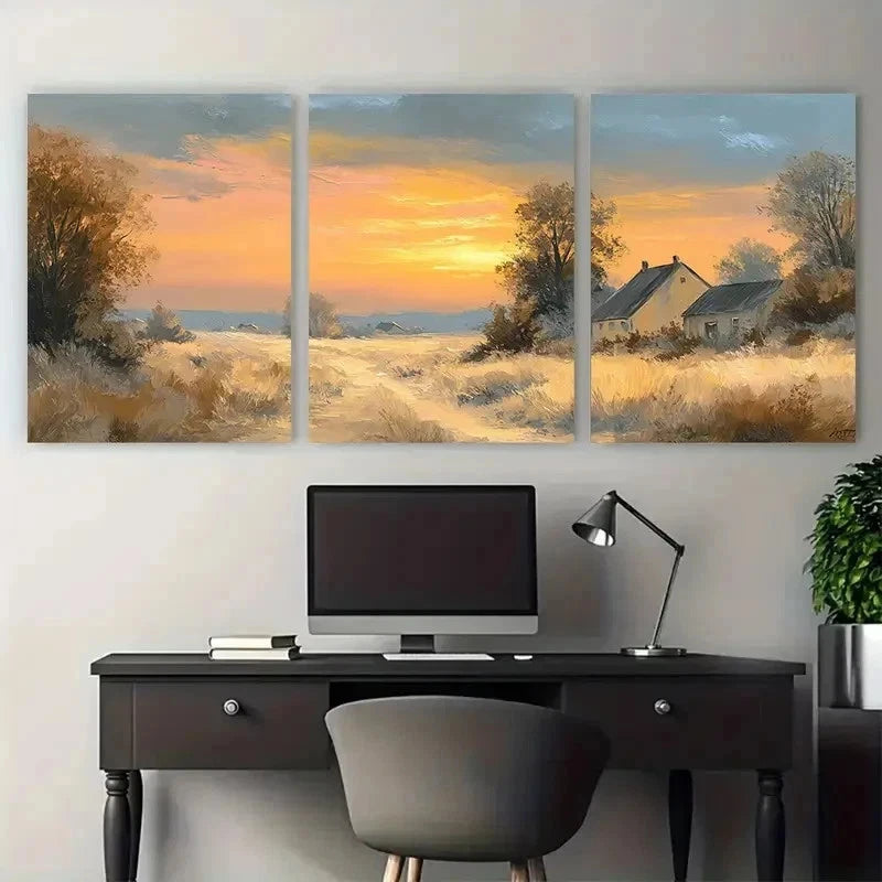3pcs Beige Meadow Painting Rustic Perfect Wall Art Set Canvas Framed 50x70cm - High Quality Print 100% Australian Made Wall Canvas Ready to Hang - Bella Home Decor