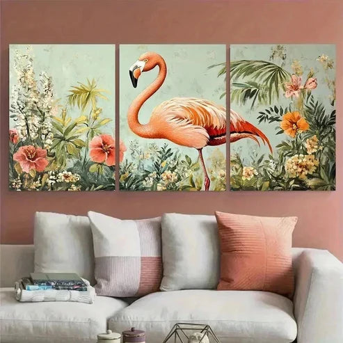 3pcs Vintage Flamingo Botanical Floral Perfect Wall Art Set Canvas Unframed – High Quality Print 100% Australian Made Wall Canvas