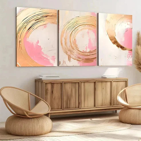 3pcs Trendy Abstract Art Pink Golden Rounds Wall Art Canvas Unframed - High Quality Print 100% Australian Made Wall Canvas