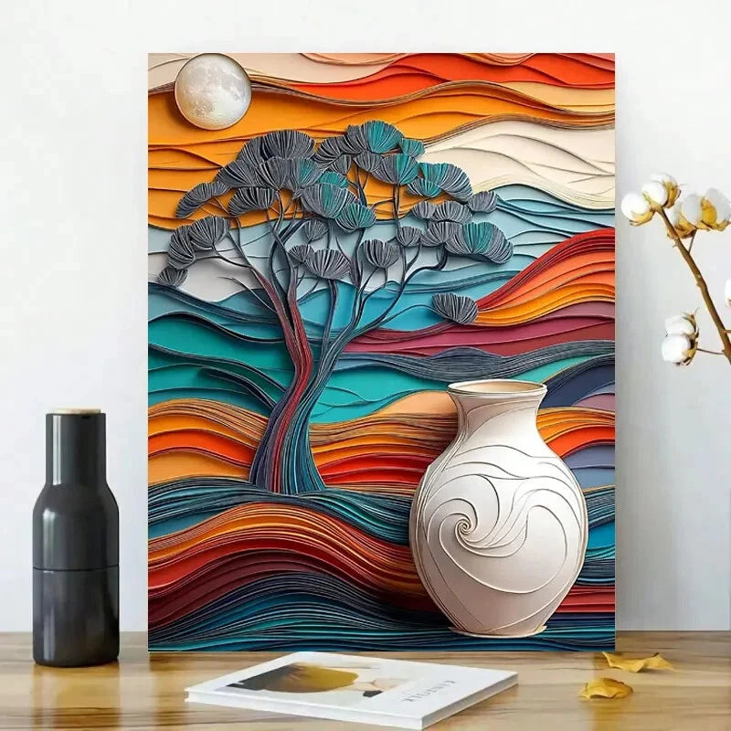 Paper Art of a Tree, Vase And Landscape in Three Color 40x60cm Metal Print Ready to Hang