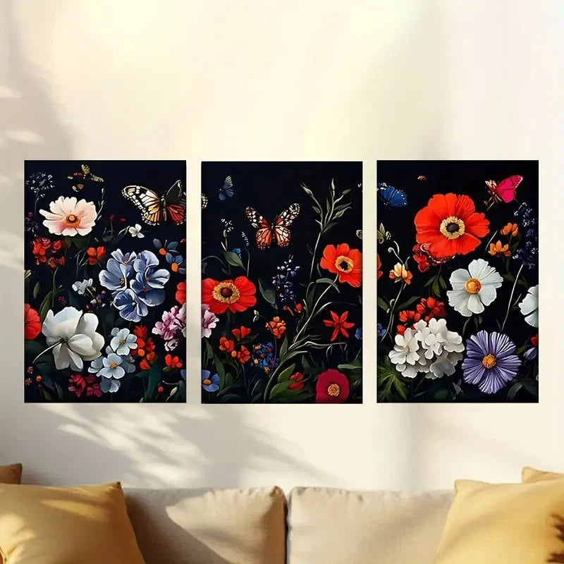 3pcs a Painting of Flowers And Butterflies Wall Art Set Canvas Framed 40x60cm - High Quality Print 100% Australian Made Wall Canvas Ready to Hang - Bella Home Decor