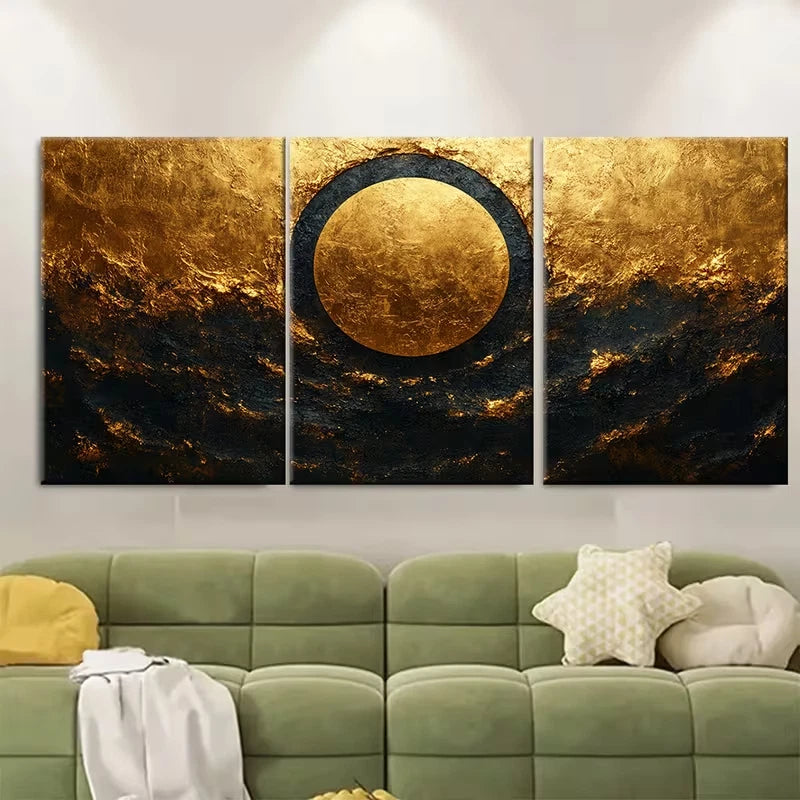 3pcs Mystic Black and Golden Radial Metal Print Ready to Hang Art
