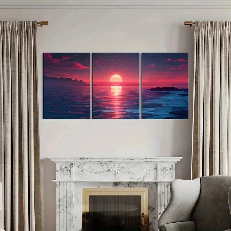 3pcs Sunset Horizon Sea Ocean Vintage Wall Art Set Canvas Framed 50x70cm - High Quality Print 100% Australian Made Wall Canvas Ready to Hang