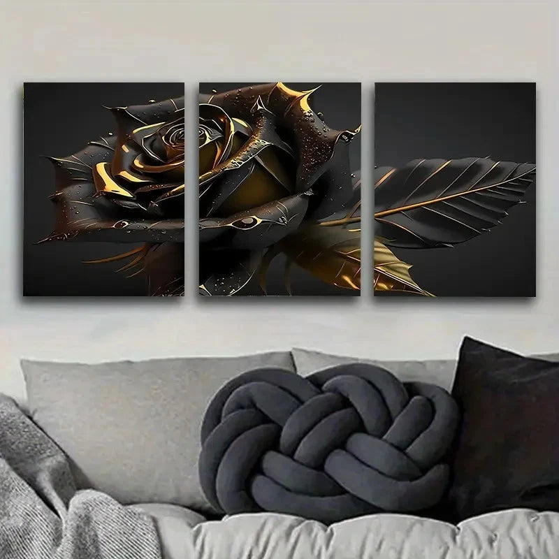 3pcs Black And Golden Gothic Rose Wall Art Set Canvas Framed 40x60cm - High Quality Print 100% Australian Made Wall Canvas Ready to Hang - Bella Home Decor