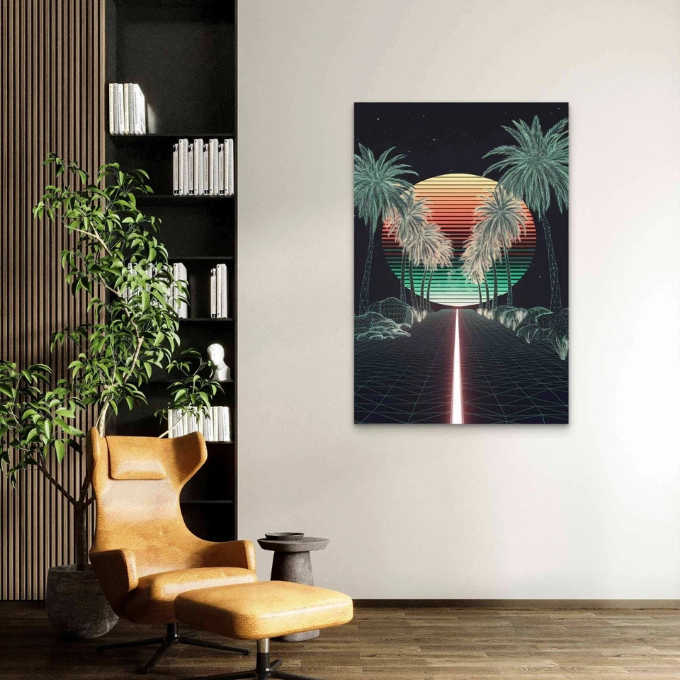 Palm Trees Around Road Retrowave Landscape 60x90cm Metal Print Ready to Hang