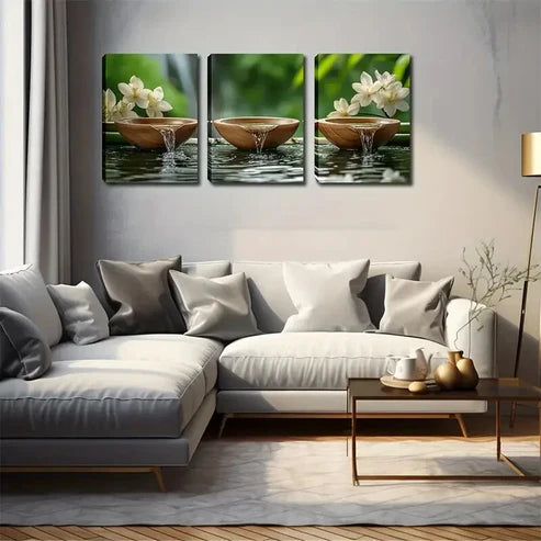 3pcs Wooden Tea Bowls and Waterfall Design Wall Art Canvas Unframed - High Quality Print 100% Australian Made Wall Canvas