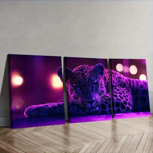 3pcs Leopard, Purple Light Effect Wall Art Set Canvas Unframed - High Quality Print 100% Australian Made Wall Canvas - Bella Home Decor