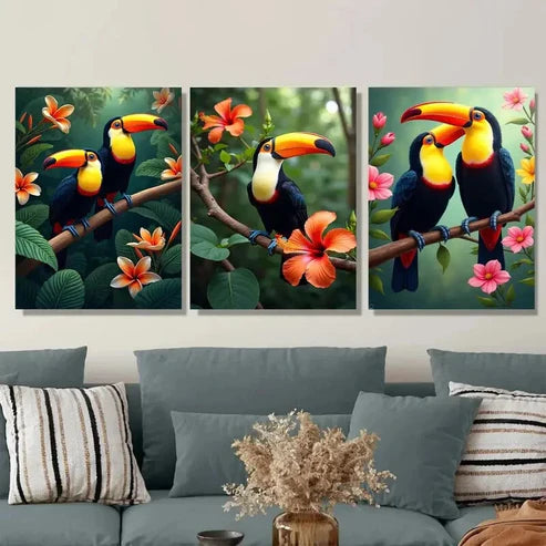 3pcs Colorful Bird and Floral Vibrant Tropical Wall Art Set Canvas Unframed - High Quality Print 100% Australian Made Wall Canvas - Bella Home Decor