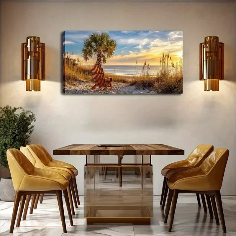 Wooden Lounge Chair Sandy Shore Wall Art Canvas Office Home Room Framed 120x60cm