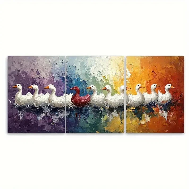 3pcs White Red Ducks Animals RI Wall Art Set Canvas Framed 40x60cm - High Quality Print 100% Australian Made Wall Canvas Ready to Hang - Bella Home Decor