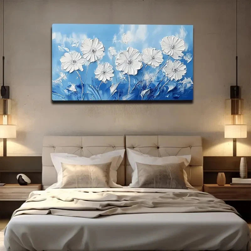Light Blue Background White Wall Art canvas office home room framed 120x60cm