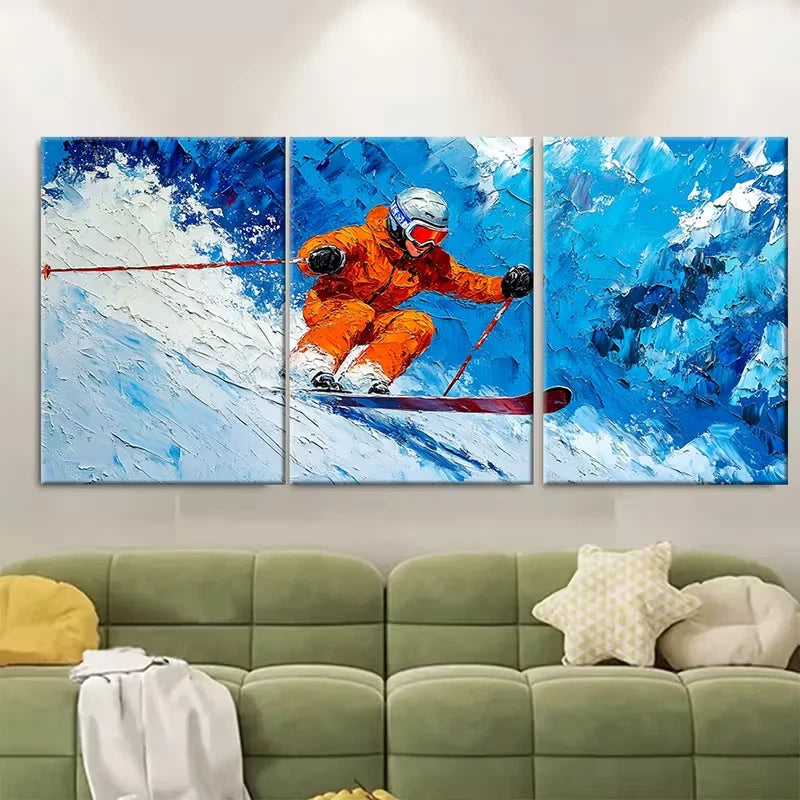 3pcs Skiing on Snowy Mountain Metal Print Ready to Hang Art