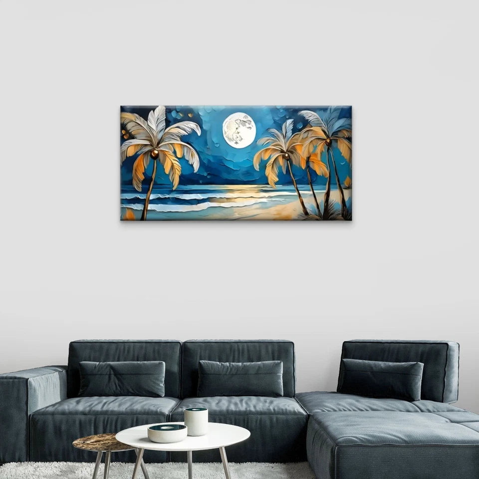 Palm Trees Moon Night Wall Art Canvas Office Home Room Framed 120x60cm