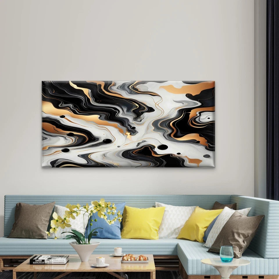 Abstract Black White Gold Swirl Wall Art Canvas Office Home Room Framed 120x60cm - Bella Home Decor