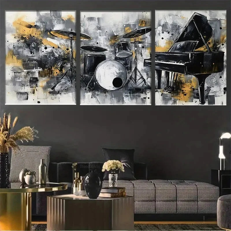 3pcs Piano & Drums Abstract Gray Yellow GY Wall Art Set Canvas Framed 60x90cm - High Quality Print 100% Australian Made Wall Canvas Ready to Hang - Bella Home Decor