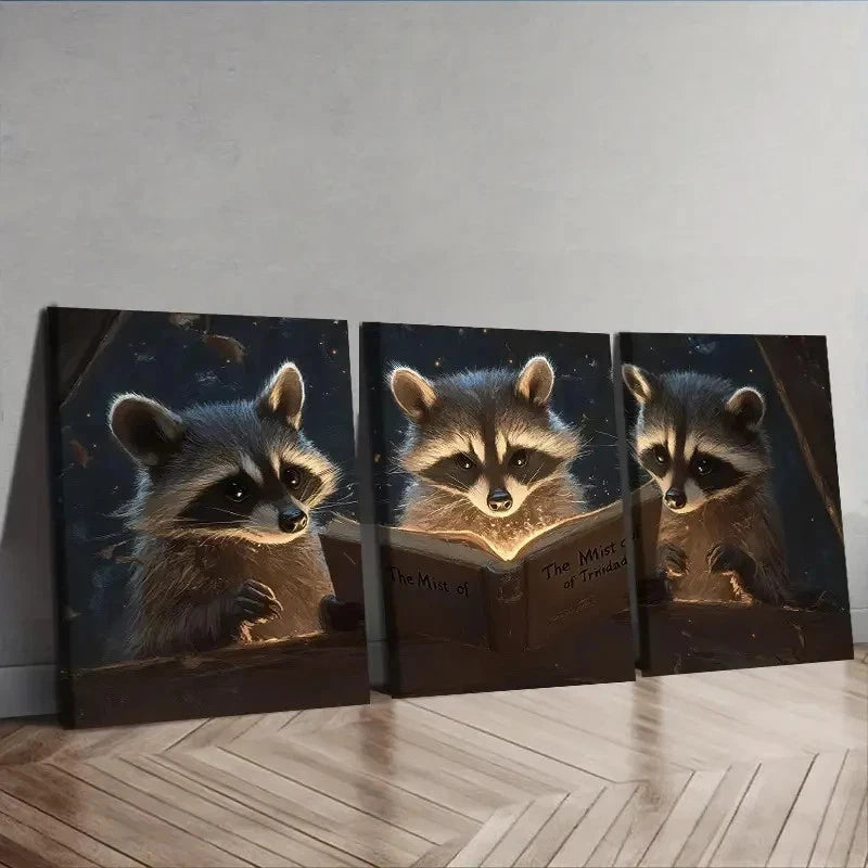 3pcs Raccoon Trio Reading Book Decor Wall Art Set Canvas Framed 50x70cm - High Quality Print 100% Australian Made Wall Canvas Ready to Hang