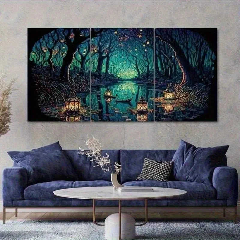 3pcs Green Forest Floating Lanterns GL Wall Art Set Canvas Framed 50x70cm - High Quality Print 100% Australian Made Wall Canvas Ready to Hang