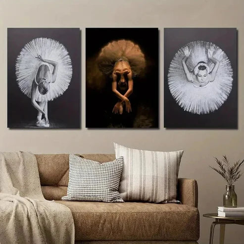 3pcs Graceful Ballerinas in Black White & Gold Wall Art Canvas Unframed - High Quality Print 100% Australian Made Wall Canvas