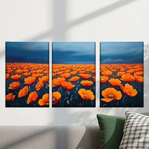 3pcs Orange Flowers in a Field & Dark Sky Wall Art Canvas Unframed - High Quality Print 100% Australian Made Wall Canvas
