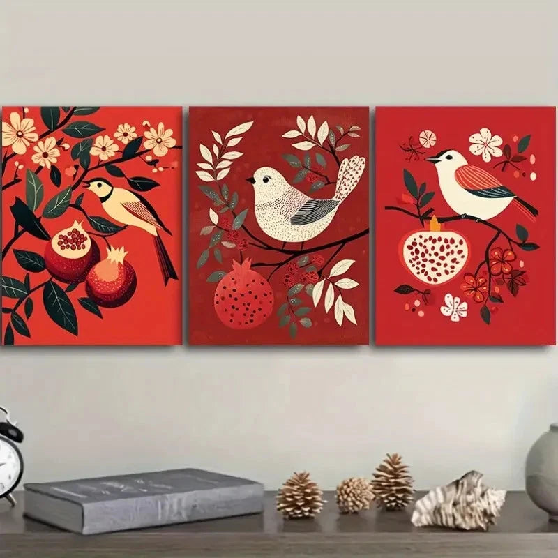3pcs Pomegranates and Birds Theme Art Deco Wall Art Set Canvas Framed 60x90cm - High Quality Print 100% Australian Made Wall Canvas Ready to Hang