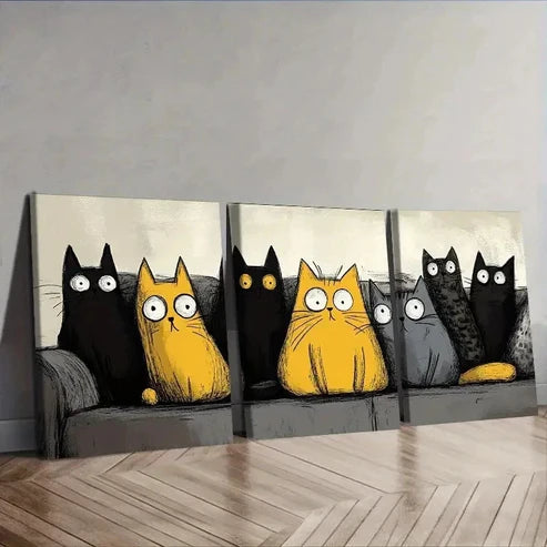 3pcs Black & Yellow Cats with Gray AccentsWall Art Set Canvas Unframed - High Quality Print 100% Australian Made Wall Canvas - Bella Home Decor