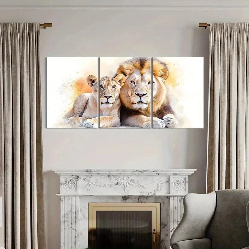 3pcs Retro Animal Art Lion Couple Wall Art Set Canvas Framed 50x70cm - High Quality Print 100% Australian Made Wall Canvas Ready to Hang