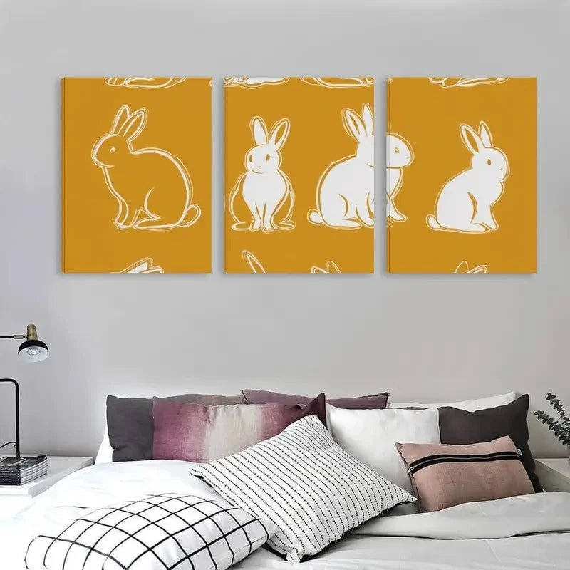3pcs White Rabbits on Amber Background Wall Art Set Canvas Framed 60x90cm - High Quality Print 100% Australian Made Wall Canvas Ready to Hang