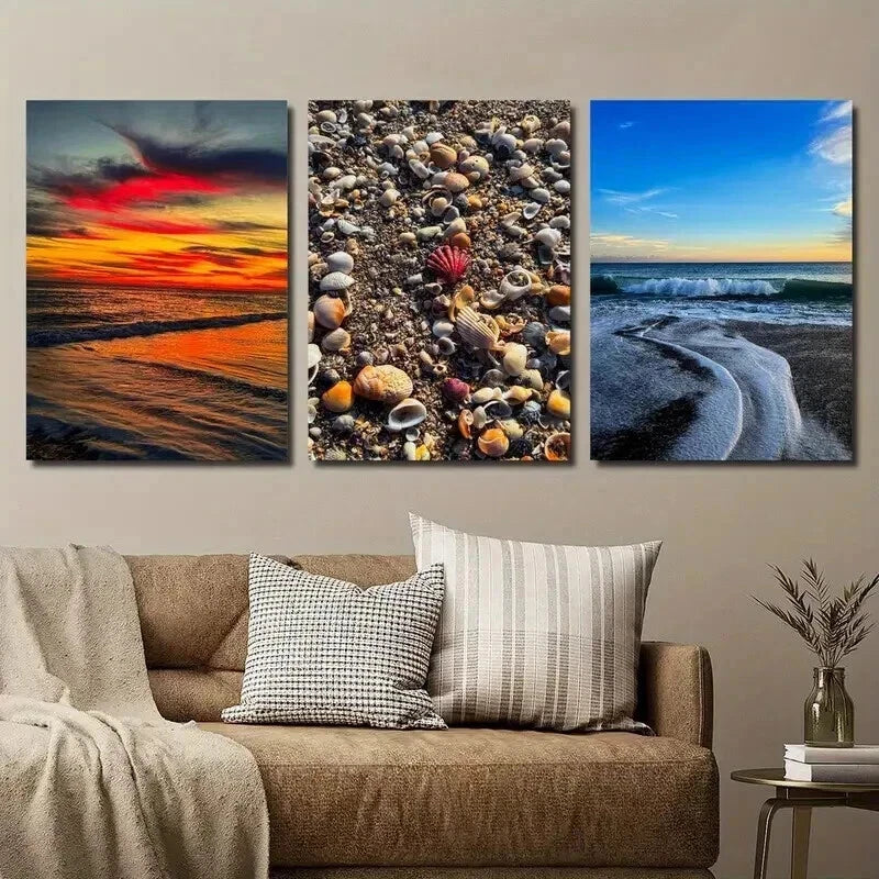 3pcs Vibrant Beach Sunset Seashells & Waves Wall Art Set Canvas Framed 50x70cm - High Quality Print 100% Australian Made Wall Canvas Ready to Hang