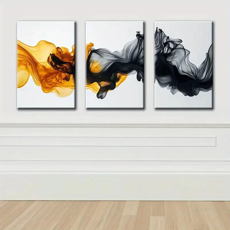 3pcs Yellow And Black Liquid Pattern Wall Art Set Canvas Framed 50x70cm - High Quality Print 100% Australian Made Wall Canvas Ready to Hang