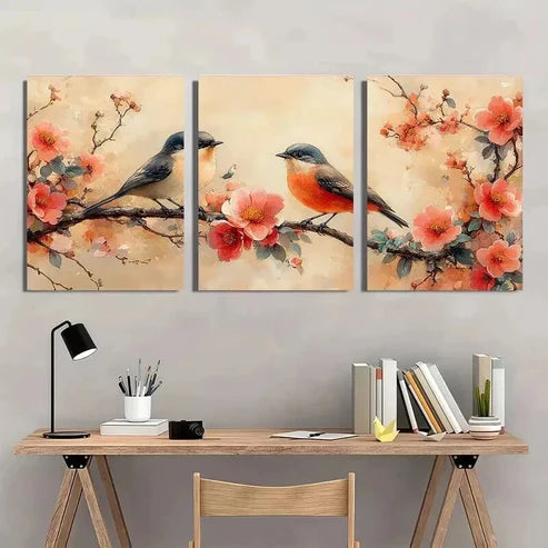 3pcs Vintage Peony Flowers And Birds Wall Art Canvas Unframed - High Quality Print 100% Australian Made Wall Canvas