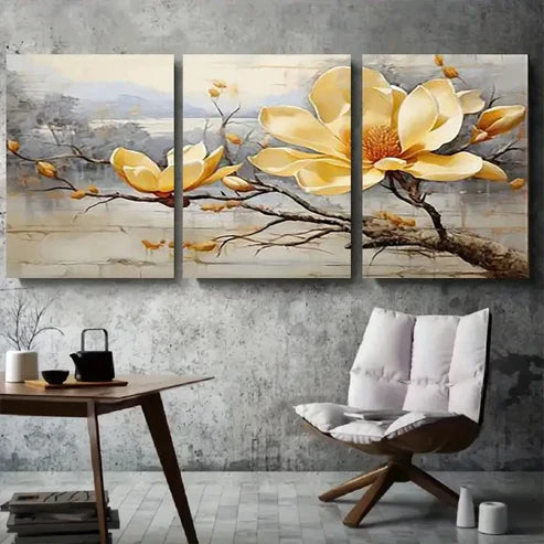 3pcs Elegant Yellow Magnolia Branch Wall Art Set Canvas Unframed - High Quality Print 100% Australian Made Wall Canvas