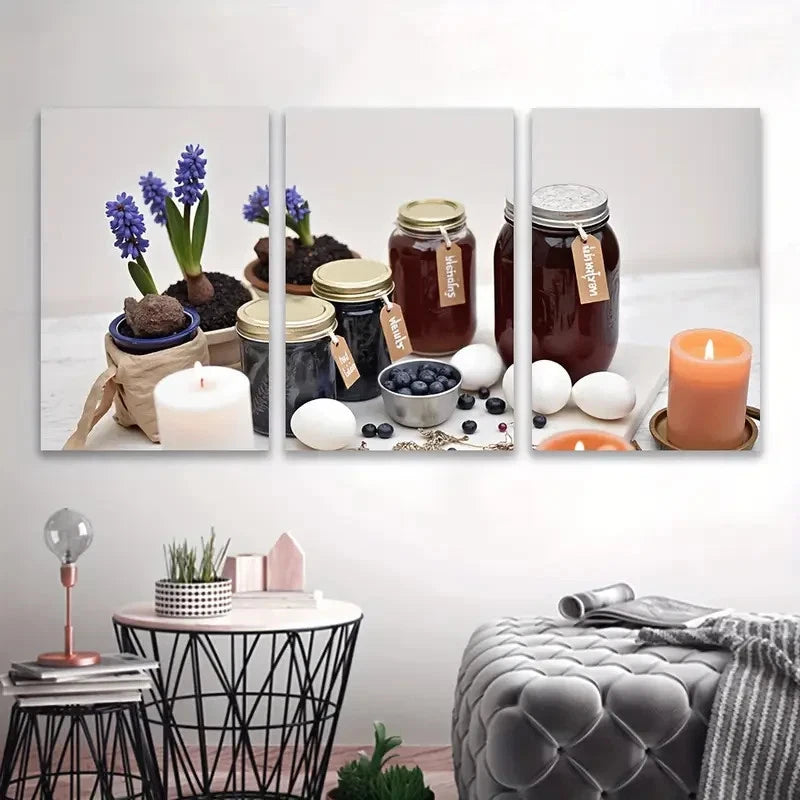 3pcs Table with a vase of flowers and jars Wall Art Set Canvas Framed 40x60cm - High Quality Print 100% Australian Made Wall Canvas Ready to Hang