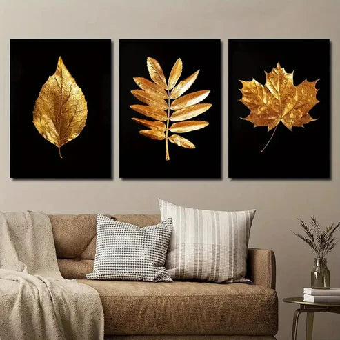 3pcs Luxurious Golden Leaves Wall Art Set Canvas Unframed - High Quality Print 100% Australian Made Wall Canvas