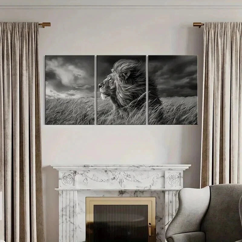 3pcs Lion in Grassland Stormy Sky Modern Wall Art Set Canvas Framed 40x60cm - High Quality Print 100% Australian Made Wall Canvas Ready to Hang - Bella Home Decor