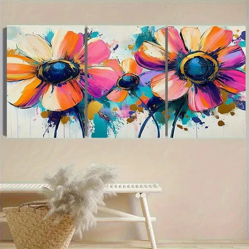 3pcs Colorful Flower Painting Wall Art Set Canvas Unframed - High Quality Print 100% Australian Made Wall Canvas - Bella Home Decor