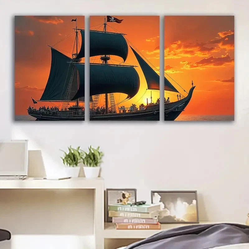 3pcs Pirate Ship at Sea Adventure Scene Wall Art Set Canvas Framed 50x70cm - High Quality Print 100% Australian Made Wall Canvas Ready to Hang