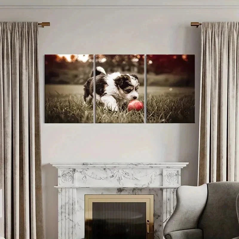 3pcs Puppy Playing Ball On Lawn Decor Wall Art Set Canvas Framed 60x90cm - High Quality Print 100% Australian Made Wall Canvas Ready to Hang