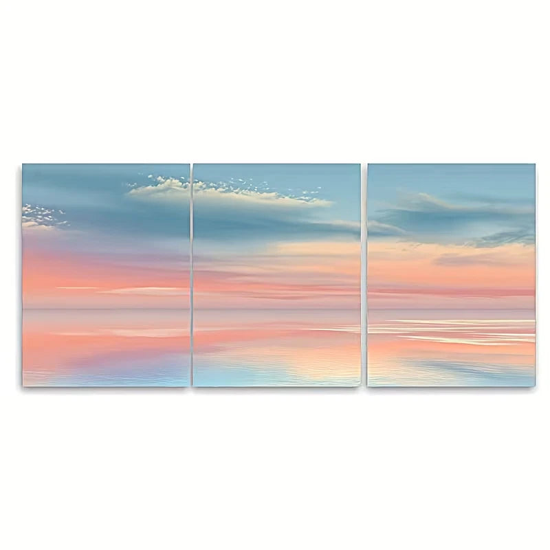 3pcs Soft Mint & Peach Horizon Coastal Sunrise Wall Art Set Canvas Framed 60x90cm - High Quality Print 100% Australian Made Wall Canvas Ready to Hang