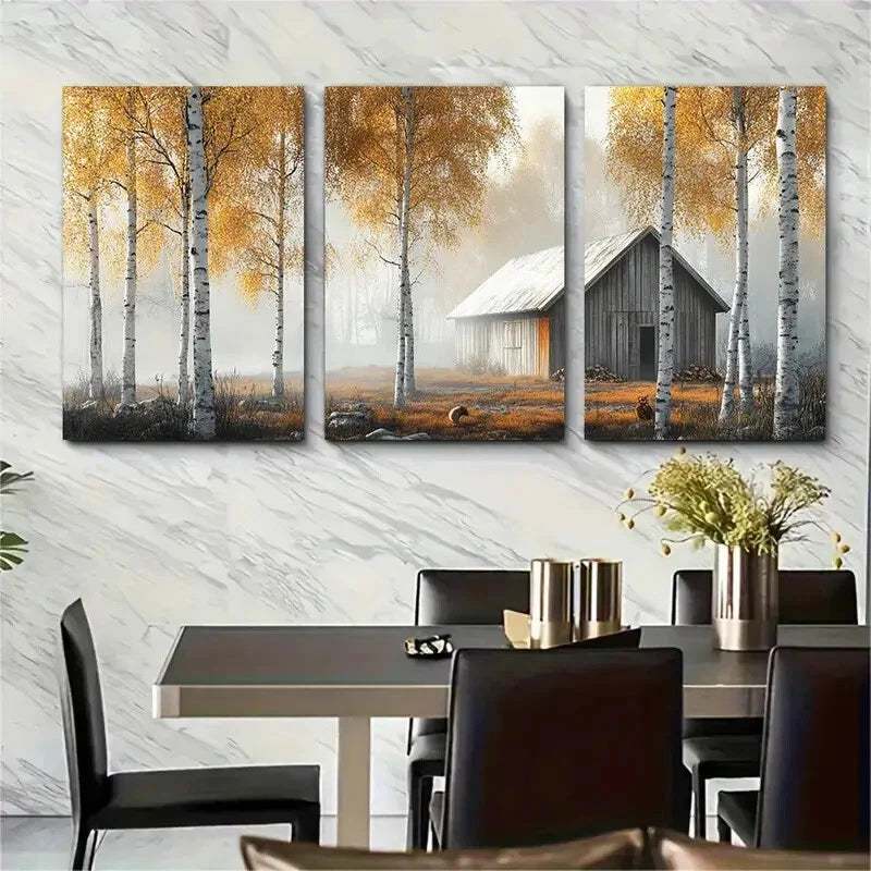 3pcs Minimalist Autumn Morning Scene with Birch Metal Print Ready to Hang Art