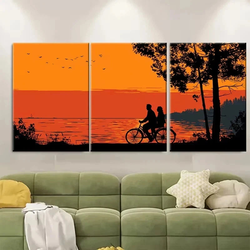 3pcs Silhouette of Couple on Bicycle by Lake Wall Art Set Canvas Framed 60x90cm – High Quality Print 100% Australian Made Wall Canvas Ready to Hang